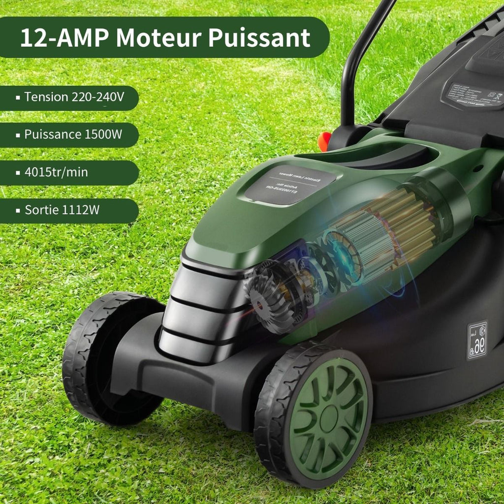 Tondeuse à Gazon Électrique Filaire 1500 W 4015 TR/Min Boîte de Collecte 35 L 3 Hauteur Réglables 25-65 MM Largeur de Coupe 34 CM Vert -