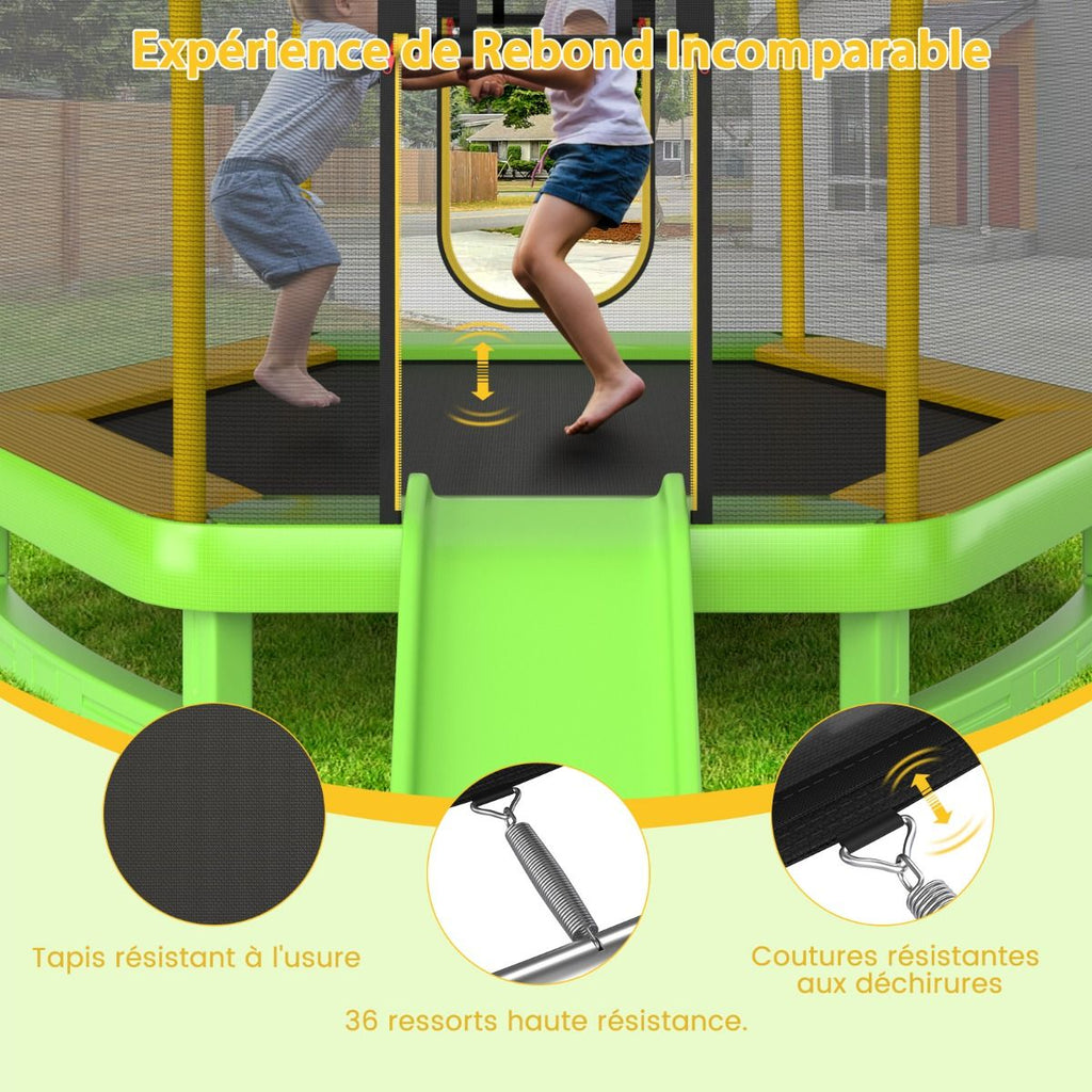 Trampoline Extérieur Ø 223cm avec Toboggan&Echelle avec Filet de Sécurité 2 Portes en U Charge 270kg pour 2-3 Enfants de 3 Ans+ Bleu/Vert -