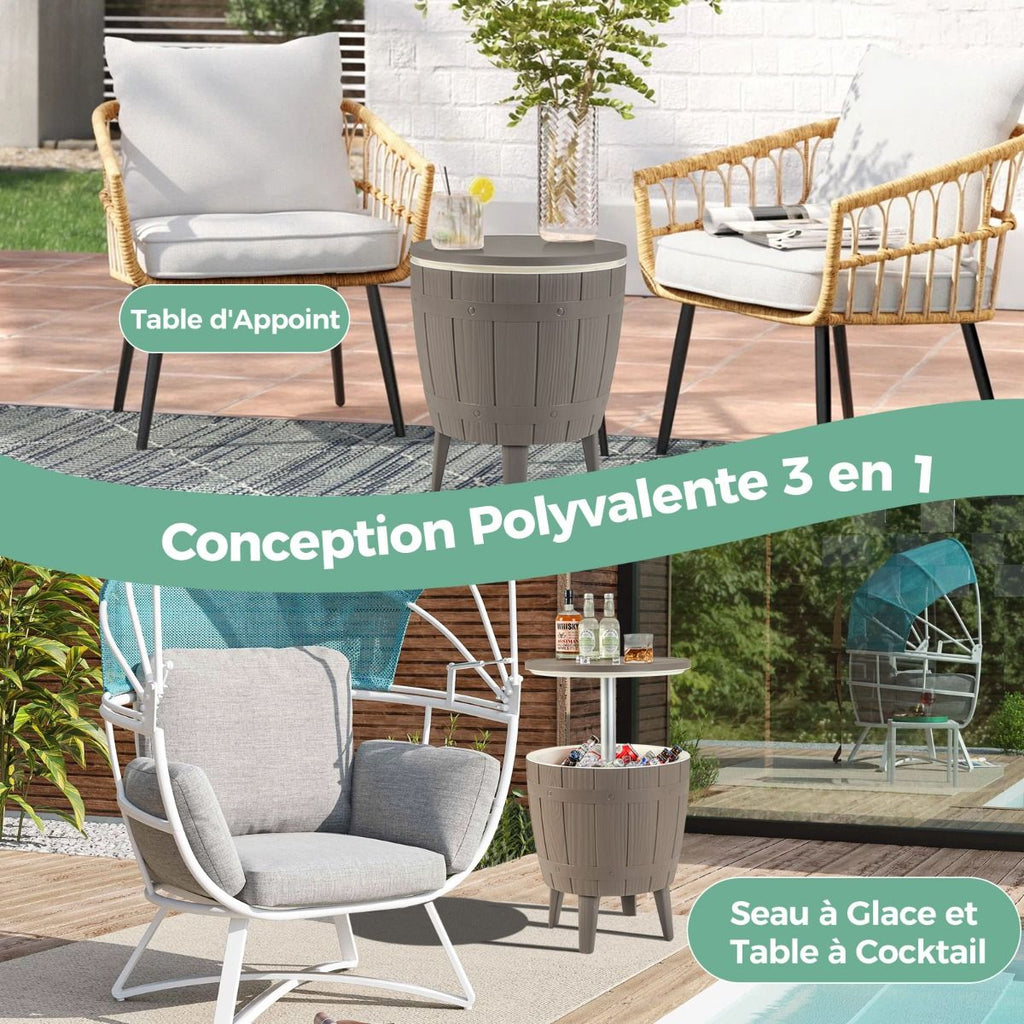 Table Glacire 37L pour Jardin 3 en 1 avec Plateau Tlescopique Seau  Glace d'Extrieur pour Cocktails Bire 脴48x58/83cm Marron+Blanc -