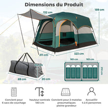 Load image into Gallery viewer, Tente de Camping pour 6 Personnes avec 2 Pièces Tente Double Couchage Double Toit Bâche en Pe Fenêtres en Maille Imperméable avec Sac de Transport Vert -