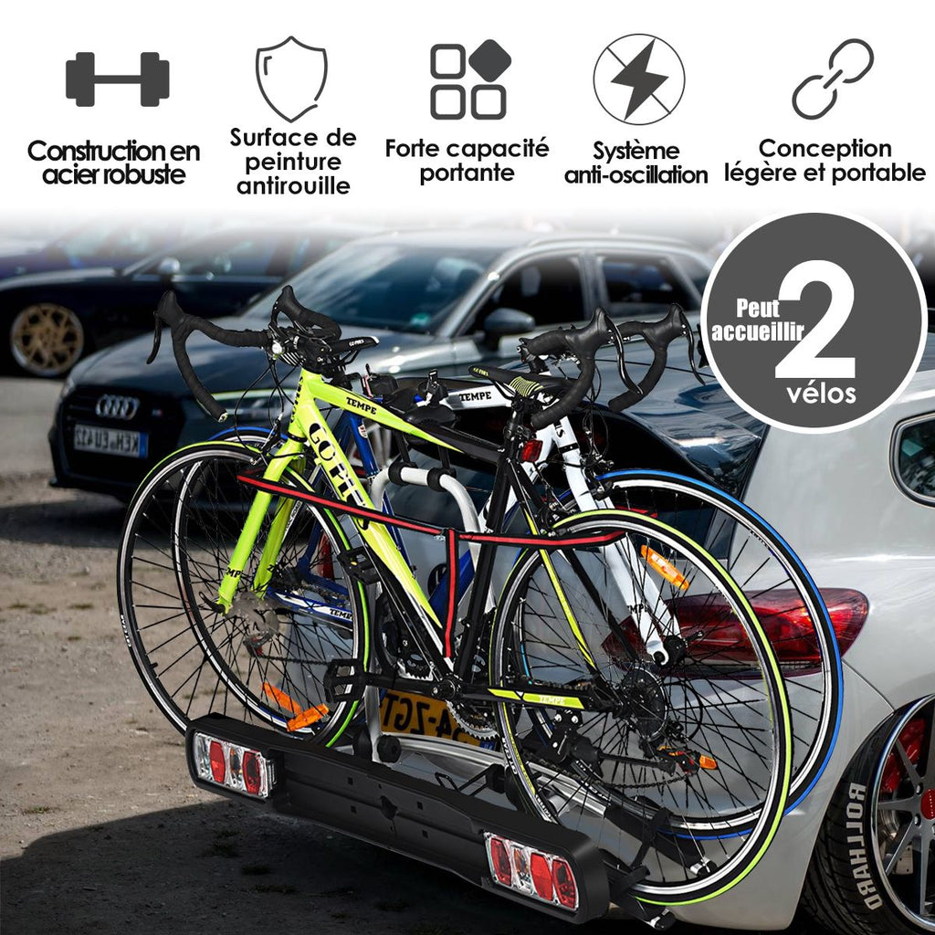 Porte-vélos pour Attelage sur SUV Berline Fourgon pour 2 Vélos Conception Intelligente de Basculement 113x72x63cm -