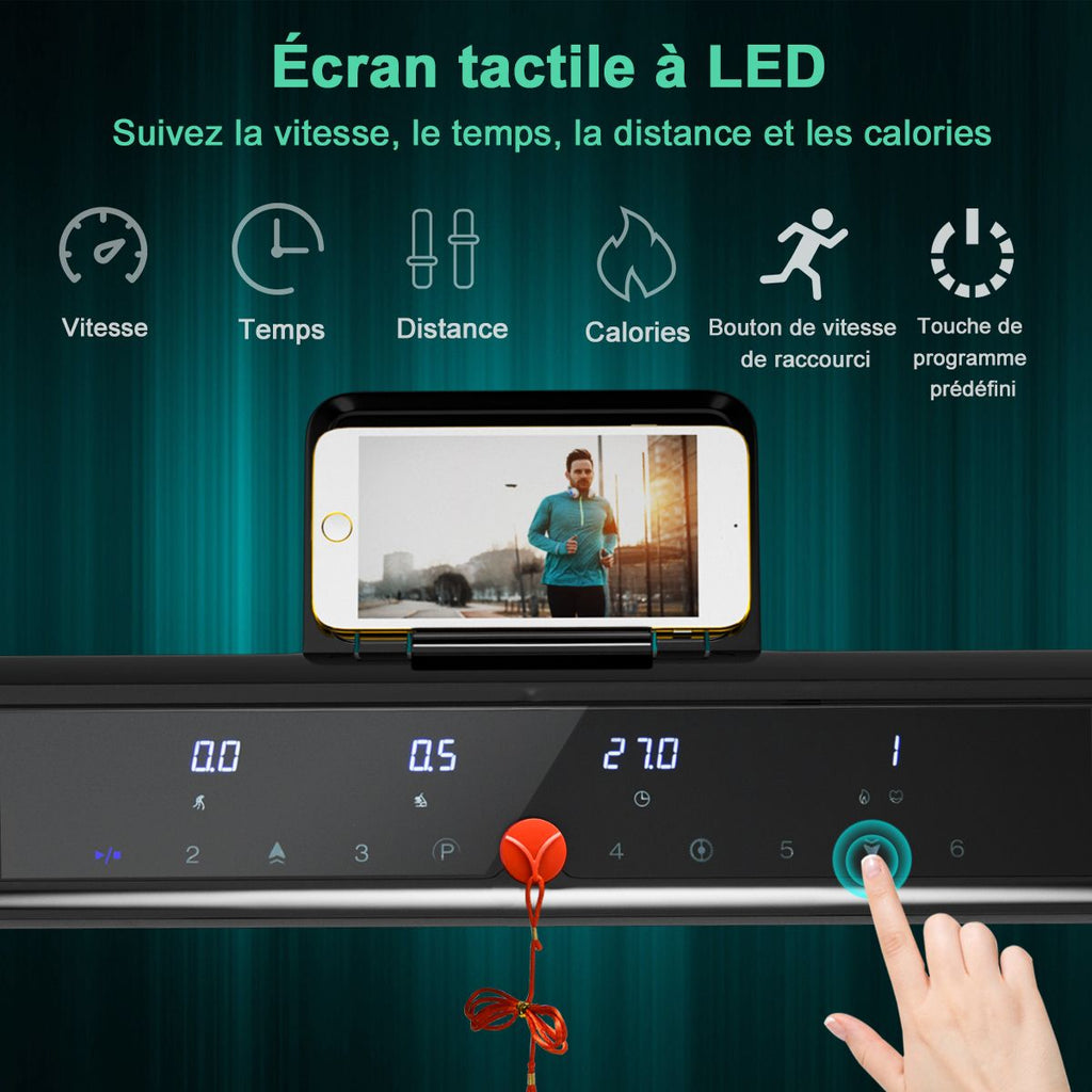 Tapis de Course/Marche Pliable 500W 12 Programmes Prdfinis 0,8-9,6 Km/h Ecran Tactile LED 4 Touches de Raccourci Noir Support pour Ipad -