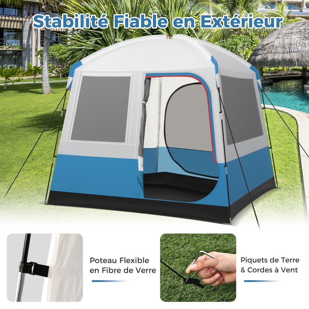 Tente de Camping pour 5 Personnes Tente Dôme Étanche avec Porte et Fenêtres en Maille Sac de Transport 248x248x230cm Bleu + Blanc -