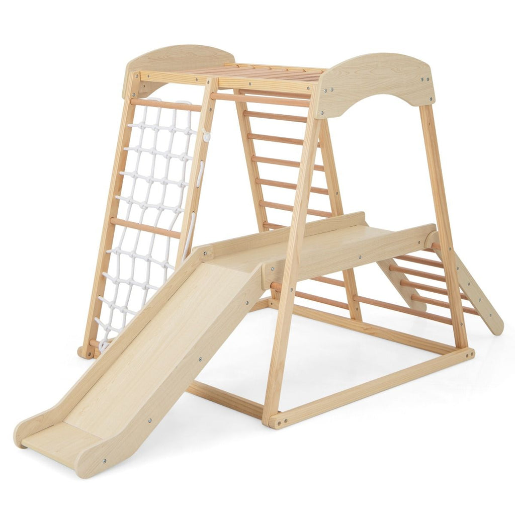 Triangle d'Escalade 6 en 1 en Bois avec Toboggan et Filet Barre pour Grimper Ramper et Glisser 1 An+ Coloré/Naturel -