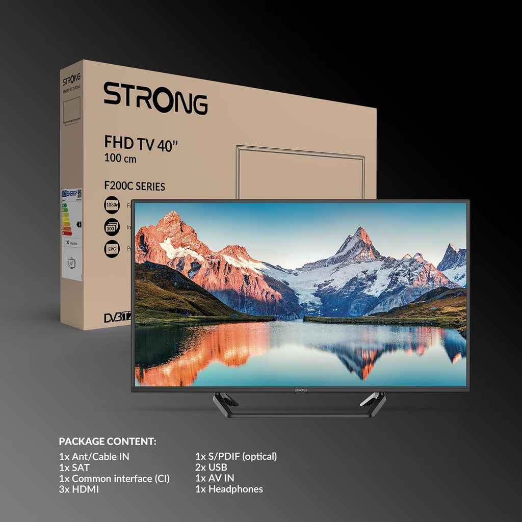 STRONG - Télévision 40 Pouces (100 cm) Full HD SRT40FF2003C - Qualité Image Exceptionnelle - Triple Tuner Intégré - 3 Ports HDMI (1 Arc) + 2 Ports USB + AV + Prise Antenne/Sat - Noire