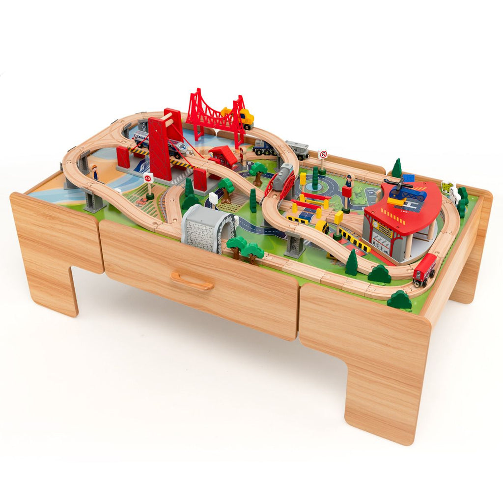 Table Circuit Train en Bois 100 Accessoires avec Tiroir de Rangement Jouet Educative pour Enfants 3 Ans + -