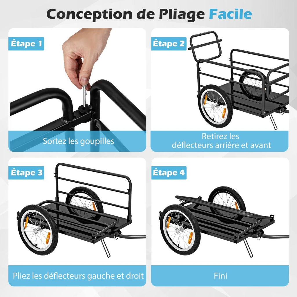 Remorque de Vélo avec Cadre Pliable Charge 55 kg Chariot pour Vélo avec Housse en Tissu Oxford Roues à Air de 40 cm Réflecteurs Bleu -