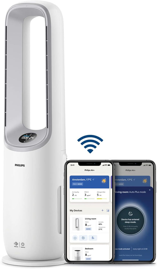 Philips Air Performer 2-en-1 : Purificateur & Ventilateur Rafraîchisseur – Nettoie 70m², Élimine 99,97% des Allergènes et Polluants. Filtre HEPA, Capteurs Intelligents, Alexa, Application (AMF765/10)