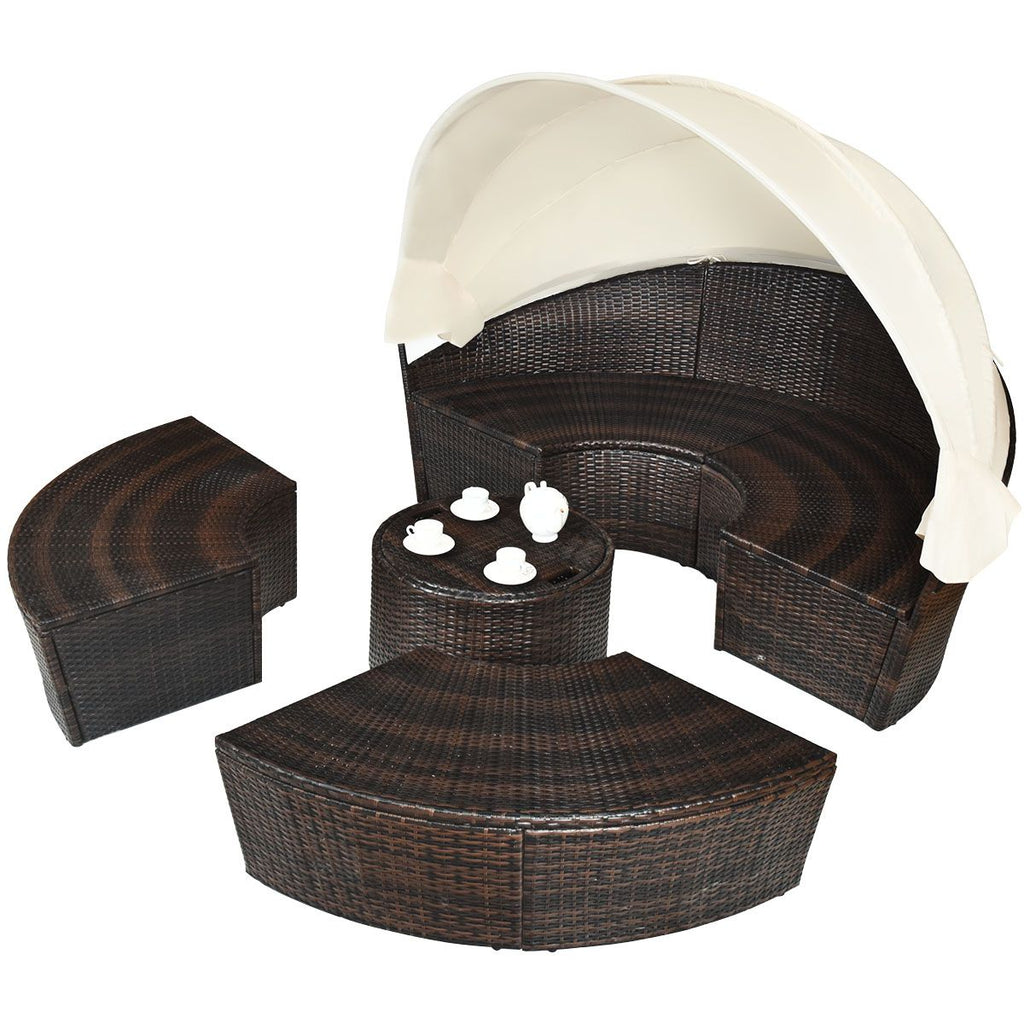 Lit de Jardin Rond d'Exterieur Table Relevable Modulable & Convertible - Pare Soleil Réglable rotin PE Coussins Inclus Beige -