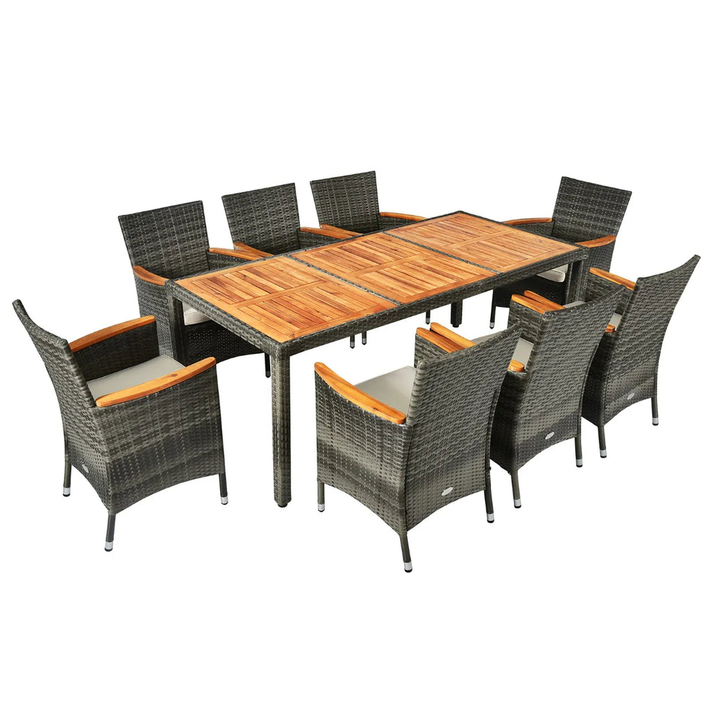 Salon de jardin avec 1 table et 8 chaises en bois et rotin anti-uv pieds réglables et coussins imperméables inclus 20_0009211 -