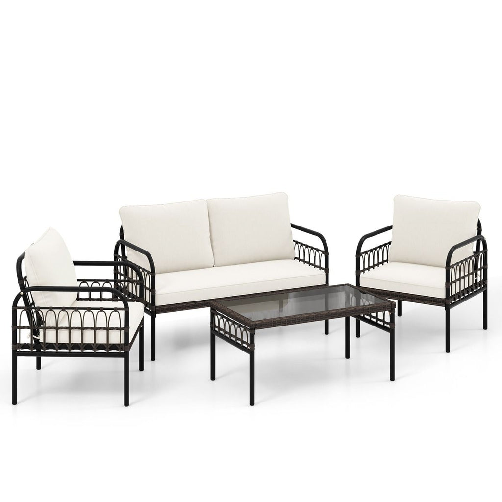 Meubles de Patio 4 Pices en Rotin Charge 180-360KG avec Chaises Causeuse Coussins et Table Basse en Verre Tremp pour Balcon Blanc -