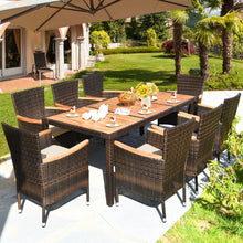Load image into Gallery viewer, Salon de Jardin en Rotin 9 Pièces pour 8 Personnes Plateau de Table en Acacia Ensemble de Salle à Manger avec Coussins Amovibles Charge 160KG -