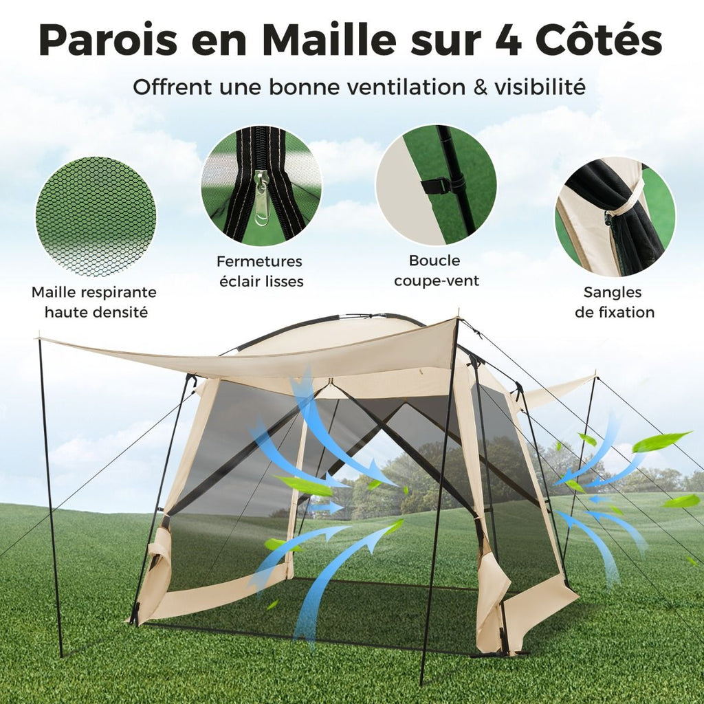 Tente de Camping pour 8-10 Personnes Tente Dôme avec Vestibule et Moustiquaire Porte Zippée Tente Portable avec Sac de Transport 300x300x250cm Beige -