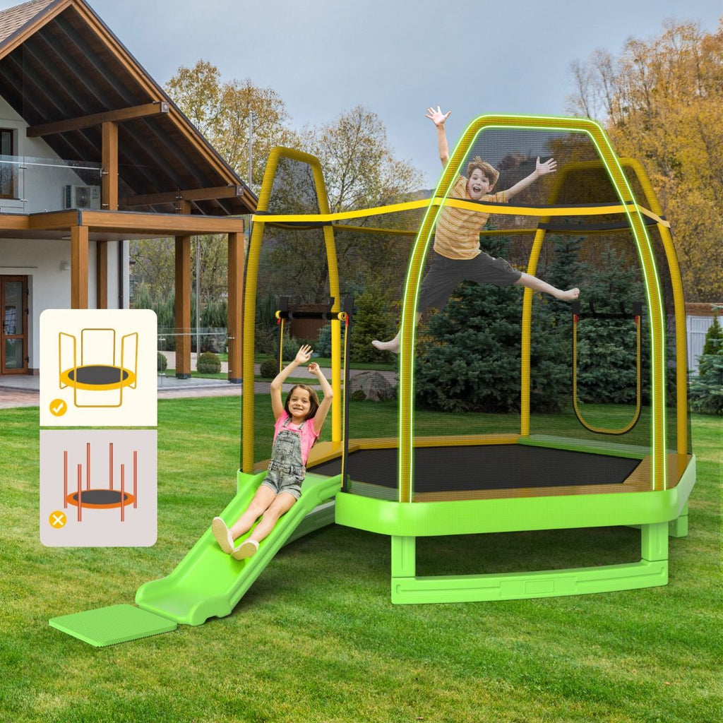 Trampoline Extérieur Ø 223cm avec Toboggan&Echelle avec Filet de Sécurité 2 Portes en U Charge 270kg pour 2-3 Enfants de 3 Ans+ Bleu/Vert -