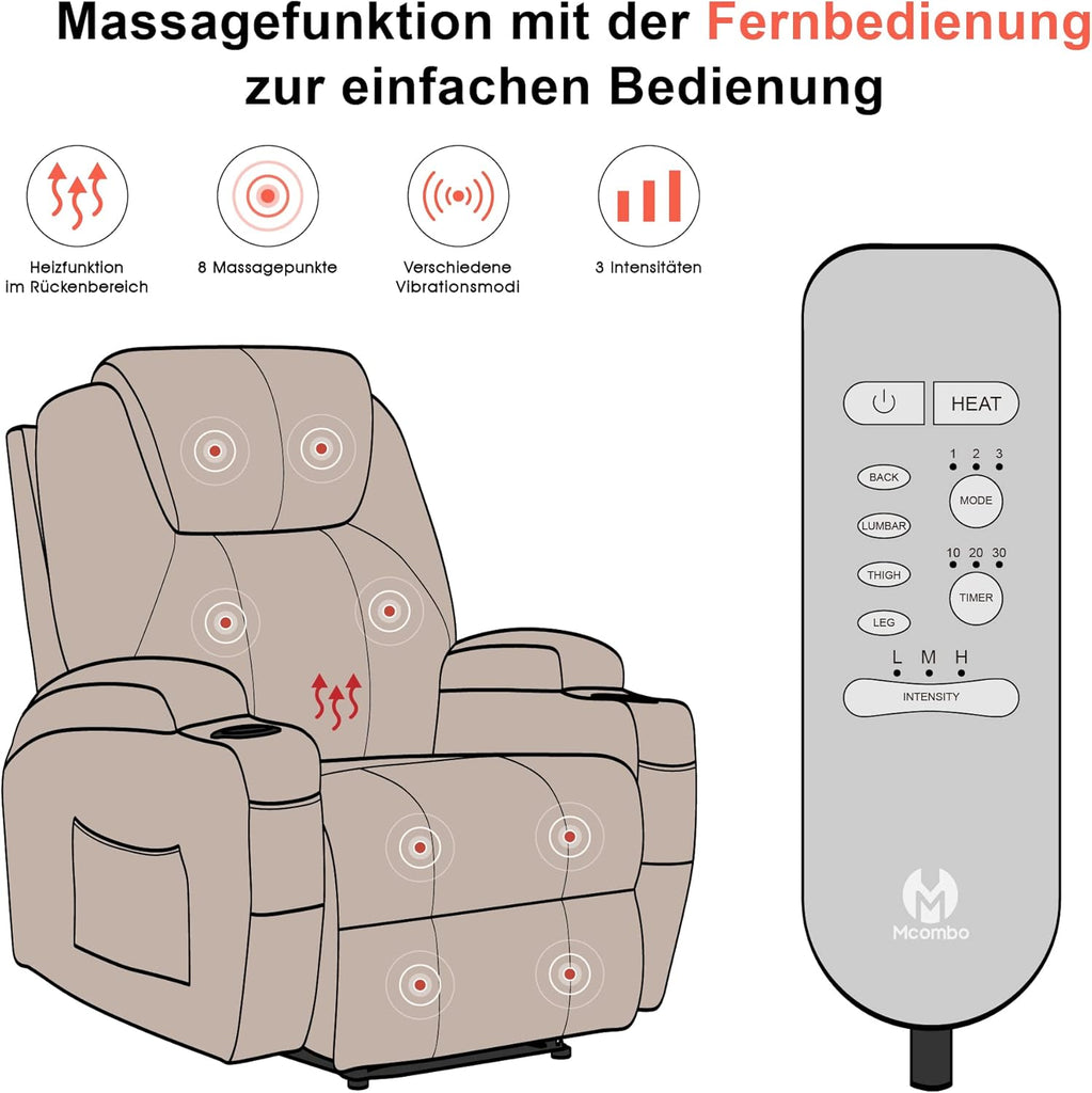 M MCombo Fauteuil Relax électrique Fauteuil de Massage Fauteuil TV Fonction inclinable Vibration Chauffage 7061 Nouveau modèle (Simili Cuir Noir)