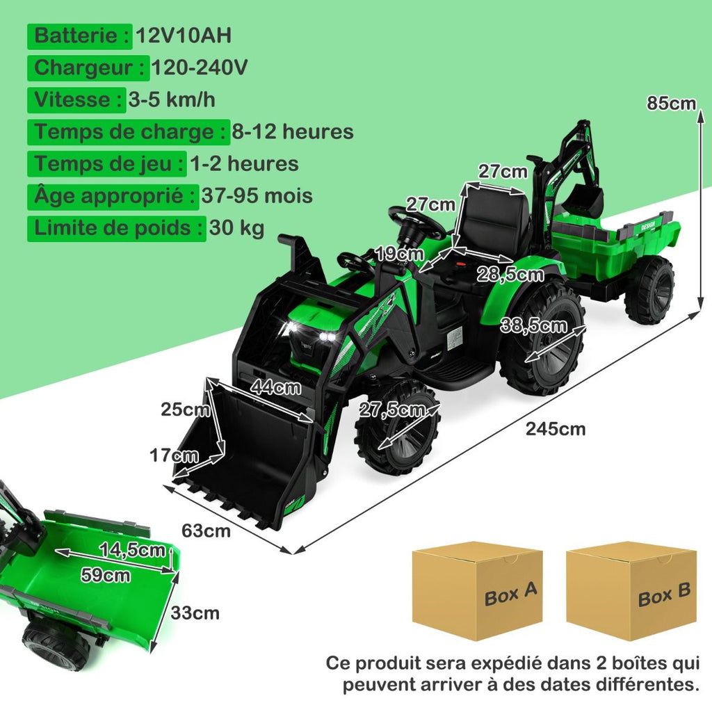 Tracteur Electrique 12 V pour Enfants 3-5 km/h Tlcommande MP3 USB Vert/Jaune -