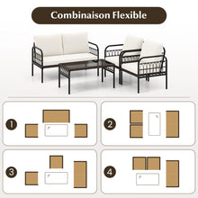 Load image into Gallery viewer, Meubles de Patio 4 Pièces en Rotin Charge 180-360KG avec Chaises Causeuse Coussins et Table Basse en Verre Trempé pour Balcon Blanc -