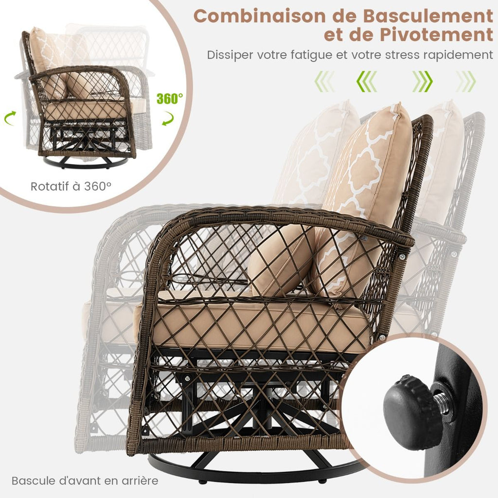 Salon de Jardin Extrieur 3PCS - 2 en Fauteuils  Bascule Pivotant  360掳Rotin PE Cadre Mtal our Terrasse Balcon -