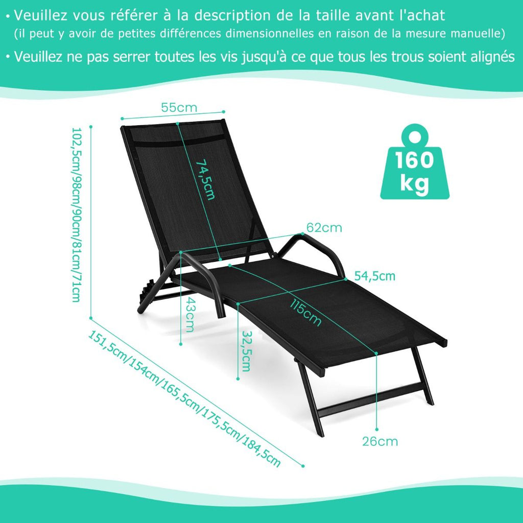 Lot de 2 Bains de Soleil Inclinables d'Extrieur avec Accoudoirs et Dossier Rglable  5 Positions Charge 160 kg Noir -