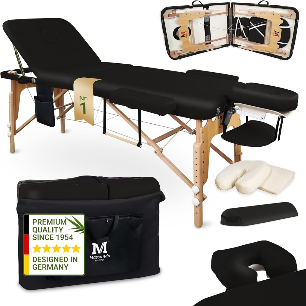 MASSUNDA All INKL Chaise de Massage Pliante et réglable en Hauteur – Table de Massage Mobile en Bois Massif avec Housse en éponge, accoudoirs et dossiers, appuie-tête Ergonomique (Noir)