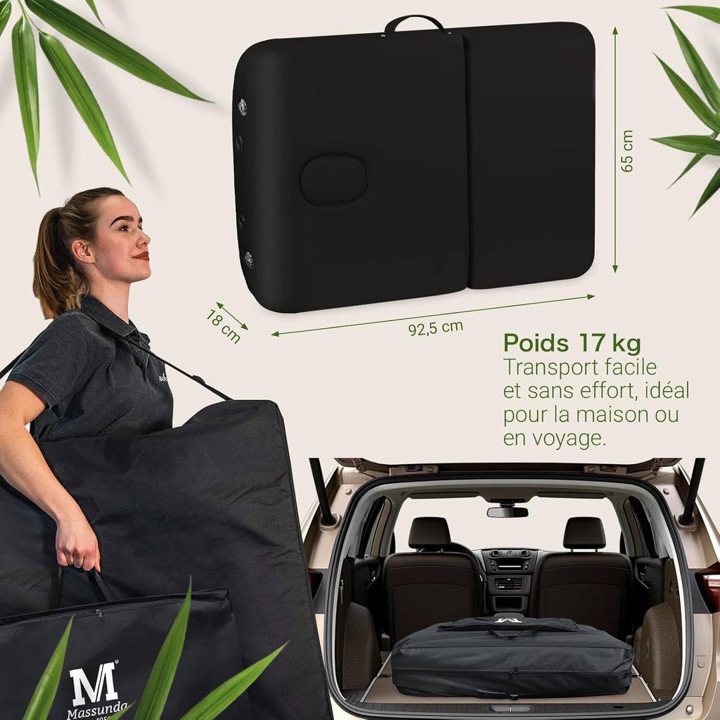 MASSUNDA All INKL Chaise de Massage Pliante et réglable en Hauteur – Table de Massage Mobile en Bois Massif avec Housse en éponge, accoudoirs et dossiers, appuie-tête Ergonomique (Noir)