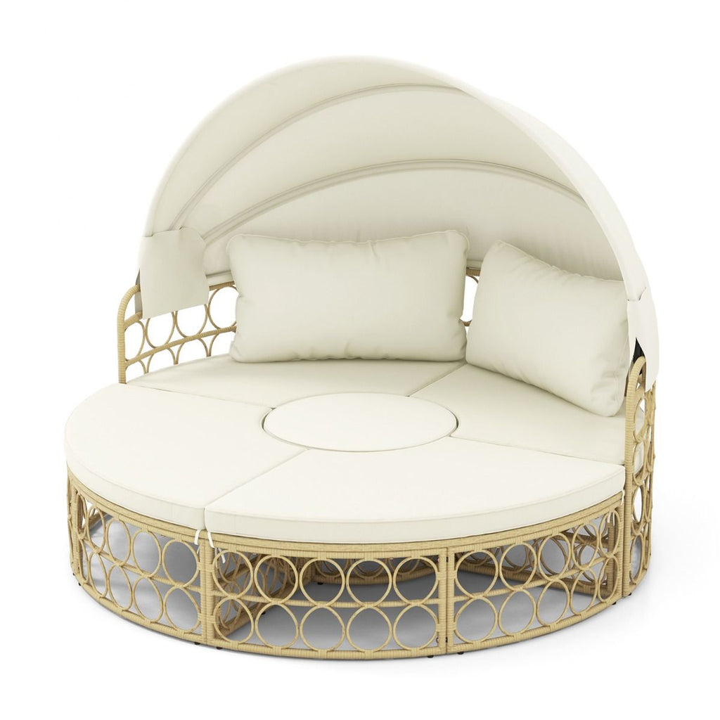 Lit de Repos Rond pour Patio avec Auvent Rétractable Ensemble de Siège Sectionnels Séparés en Rotin PE avec Coussins Doux Blanc -