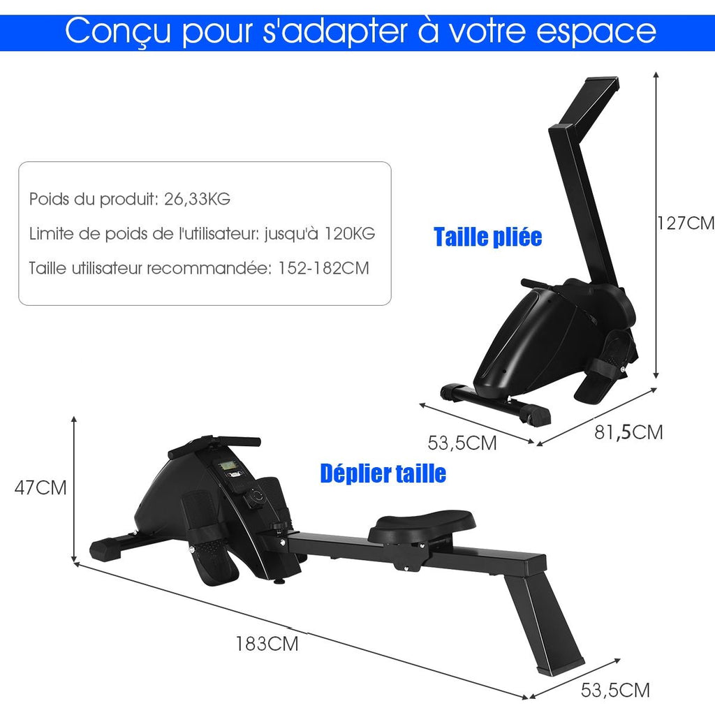Rameur d'Appartement Pliable à Résistance 10 Niveaux Ecran Lcd Capacité 120kg Musculation Des Bras Cardio-Training Noir -