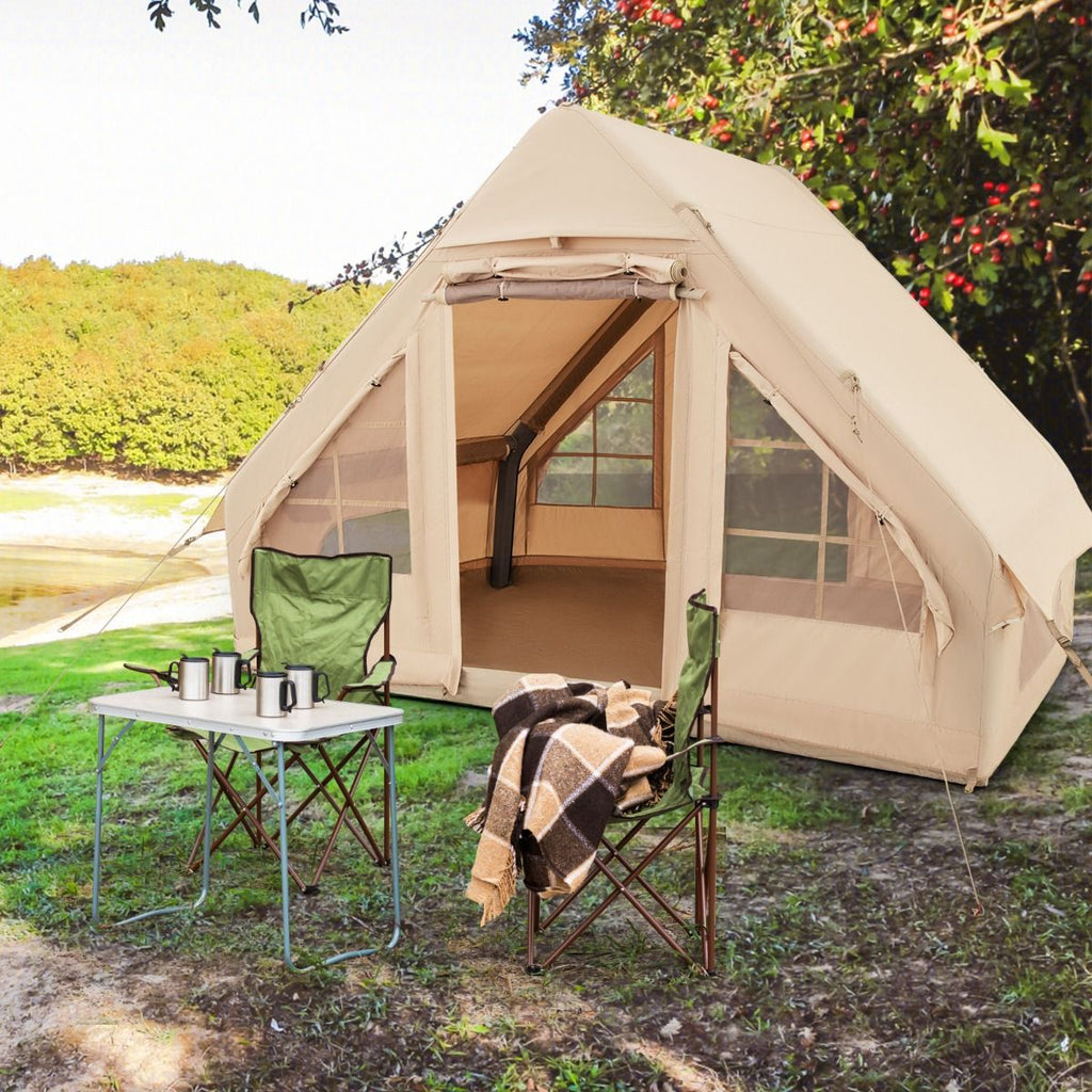 Tente de Camping Gonflable 6 m² pour 4-6 Personnes Tente en Coton Coupe-vent et Imperméable avec Pompe 7 Fenêtres à Moustiquaire Beige -