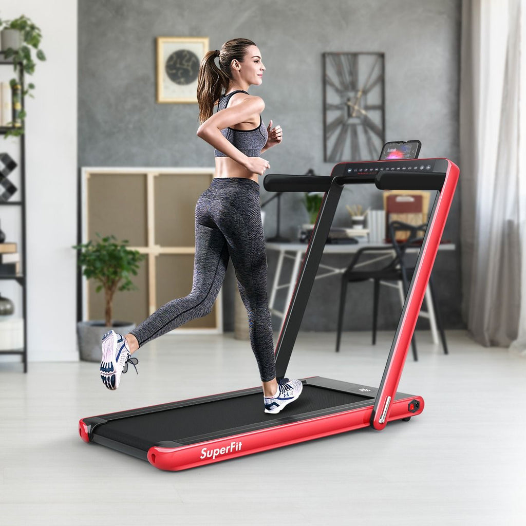 Tapis de Course Pliable 0,75HP Double Affichage LED APP et Télécommande Vitesse Motorisé 12 km/h Surface 40x100cm Rouge -