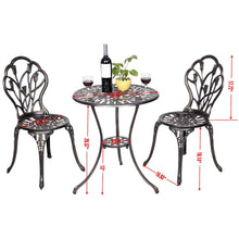 Load image into Gallery viewer, Salon de jardin avec 1 table ronde et 2 chaises en fonte d’aluminium Style rétro avec motif tulipe avec trou de parasol -