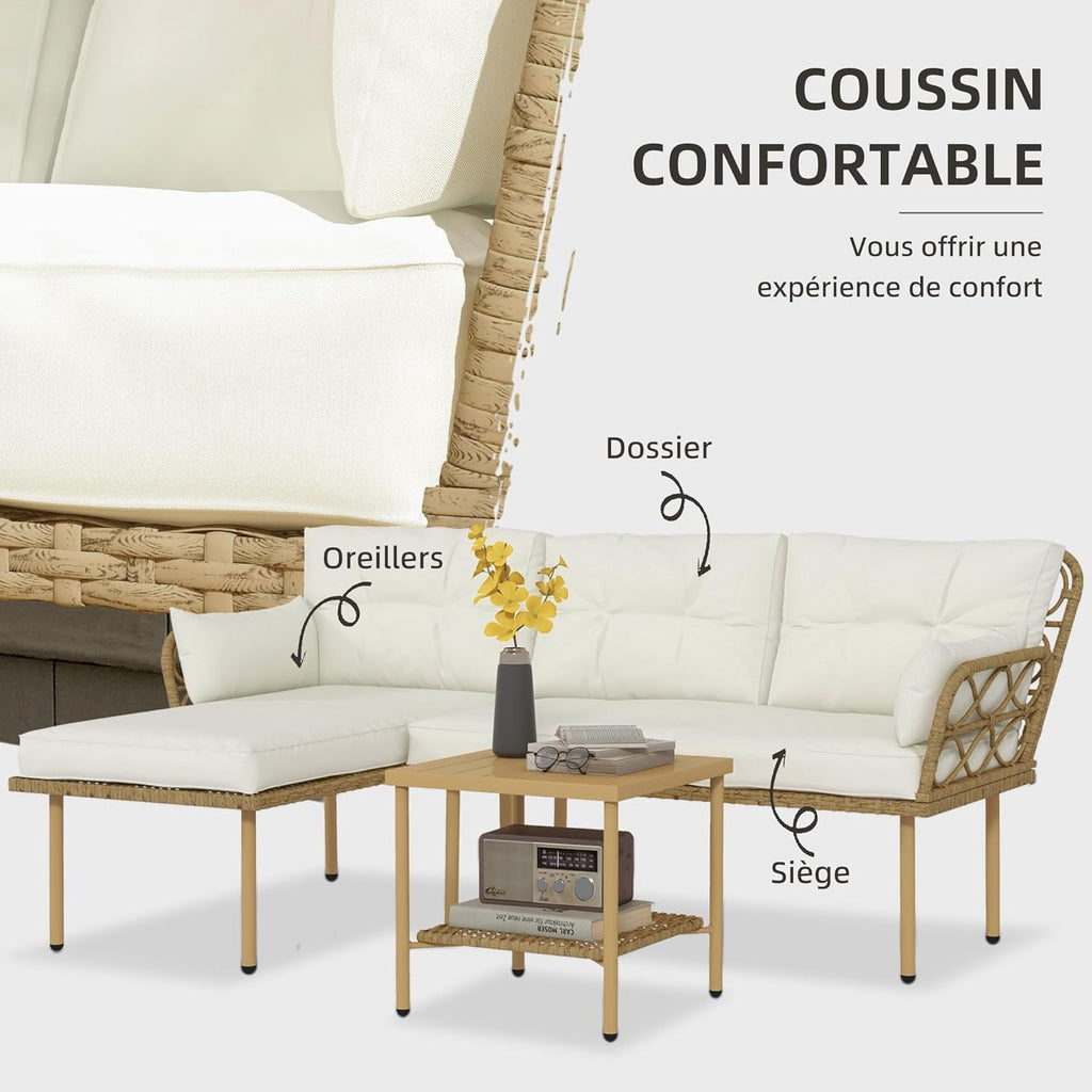 Outsunny Salon de Jardin Exterieur 4 Personnes 3 pièces avec 1 Table Basse Coussins Grand Confort Inclus résine tressée crème