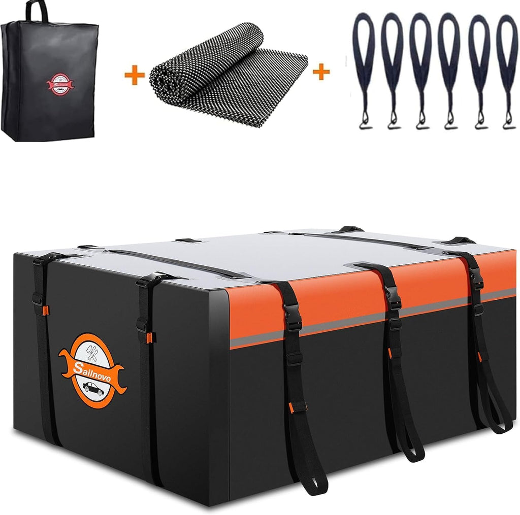 Sailnovo Coffre de Toit Souple de 0,6 m³ avec Tapis antidérapant + 6 Crochets de Porte, Sac de Toit imperméable en PVC pour Voiture avec/sans Porte-Bagages, Noir