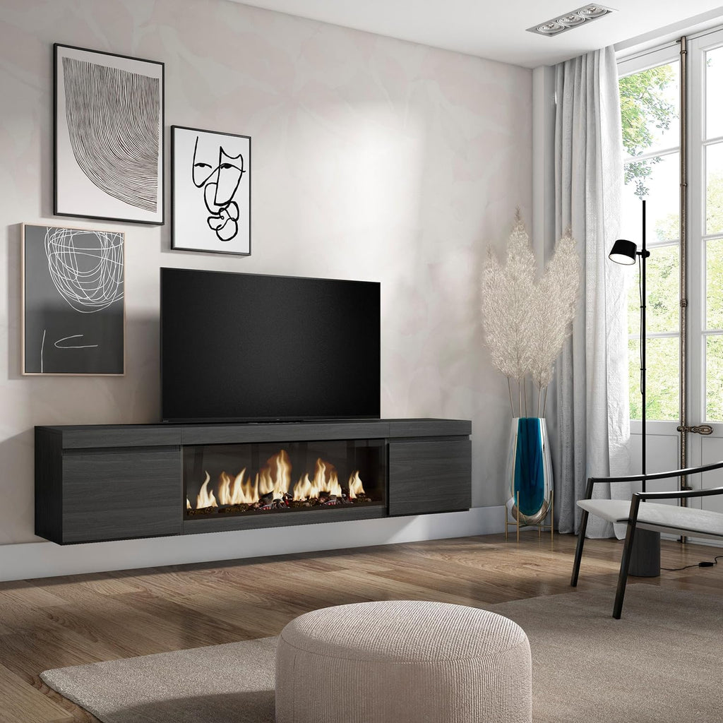 Skraut Home | Meuble TV | Banc Télé | Grand Espace de Rangement | 210 | pour Les TV jusqu'à 80" | Cheminée électrique XXL | Suspendu, Mural | Style Moderne | Noir