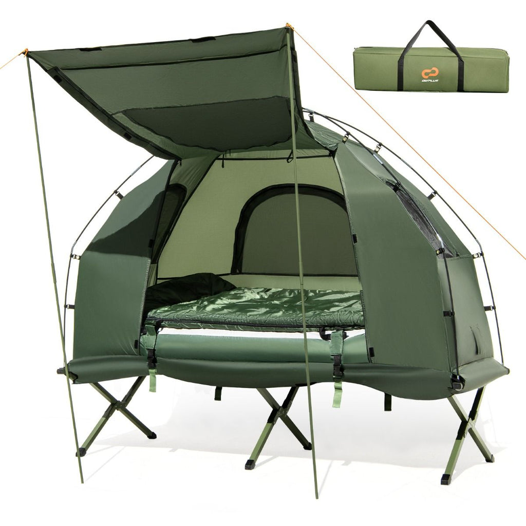Tente de Camping avec Lit pour 1 Personne Lit de Camping Pliant 5 en 1 avec Matelas Pneumatique Oreiller Sac de Couchage Tente Surélevée Étanche -