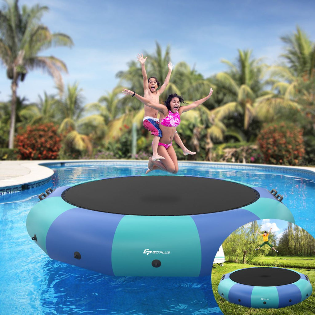 Trampoline Aquatique Gonflable Dia.457cm Capacit de 150kg avec Kit de Rparation Echelle et Gonfleur Electrique 500w Bleu -