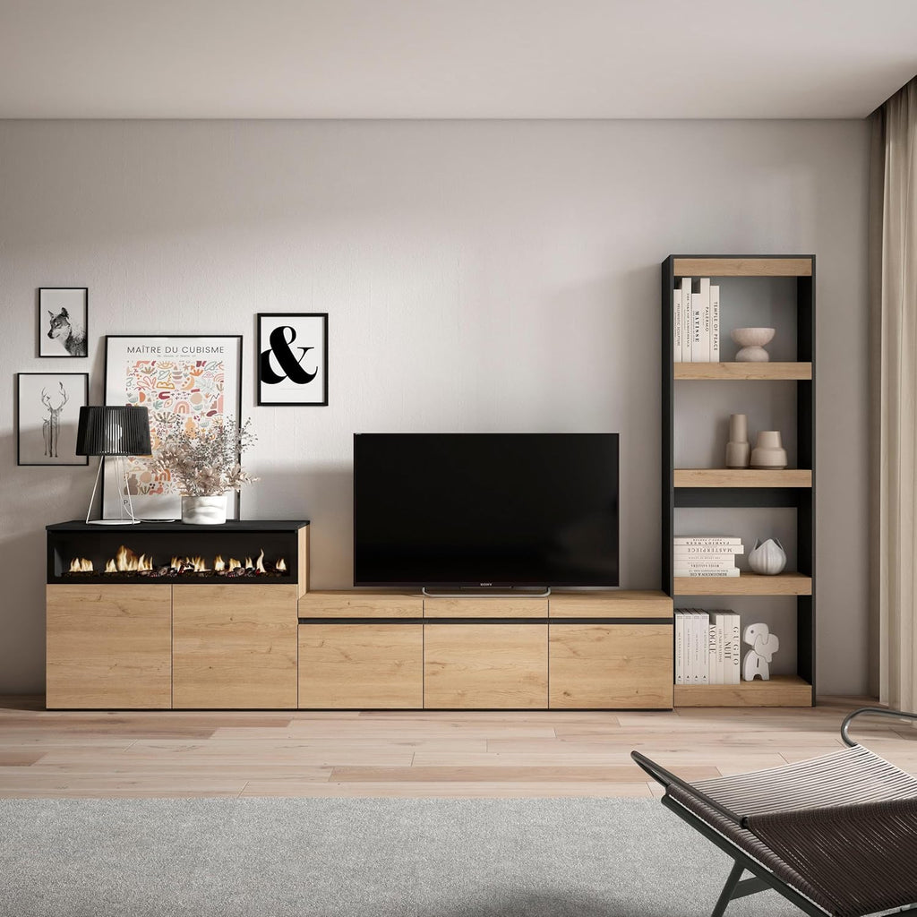 Skraut Home | Ensemble Meuble TV | Meuble Salon Complet | 310x186x35cm | pour Les TV jusqu'à 65" | Cheminée électrique | Style Moderne | Chêne et Noir