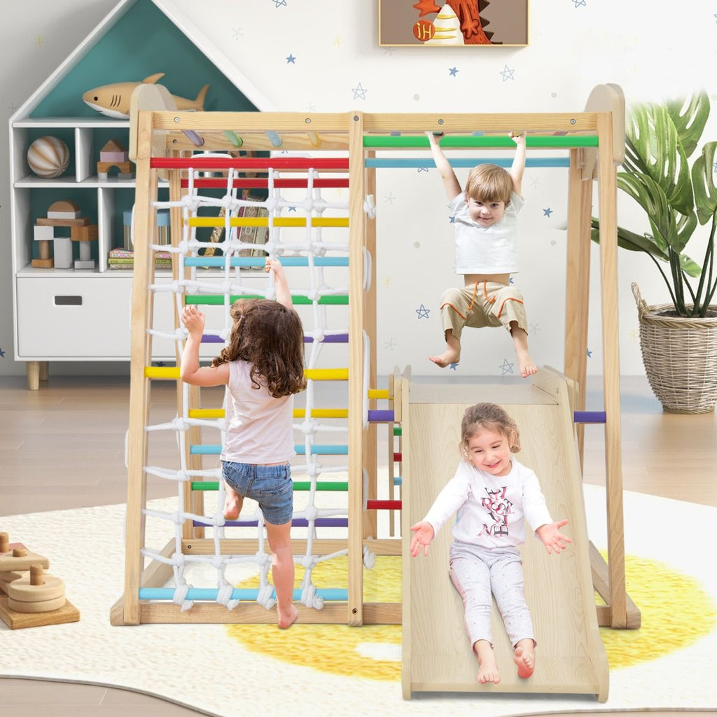 Triangle d'Escalade 6 en 1 en Bois avec Toboggan et Filet Barre pour Grimper Ramper et Glisser 1 An+ Coloré/Naturel -