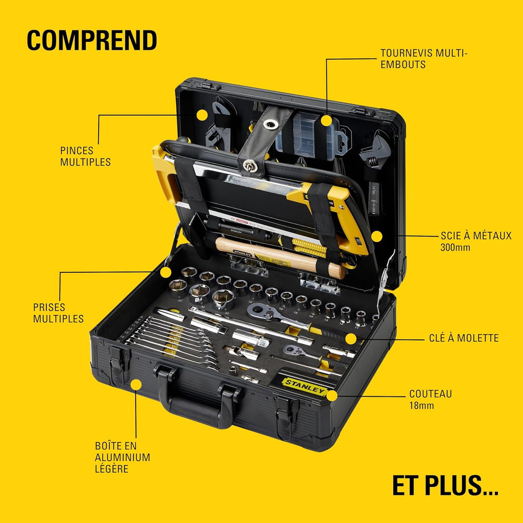 STANLEY Valise de Maintenance 142 Pièces - Pinces et Coupe-Touts, Clé à Molette, Niveau, Mesure, Tournevis, Scie à Métaux, Cutter, Marteau, Outils pour Serrage-Vissage STMT98109-1