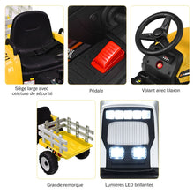 Load image into Gallery viewer, Tracteur Electrique avec Remorque pour Enfants 3 Vitesses Lumires LED Fonctions o USB et Bluetooth Jaune/Rose/Rouge/Vert/Vert Fonc/Noir -