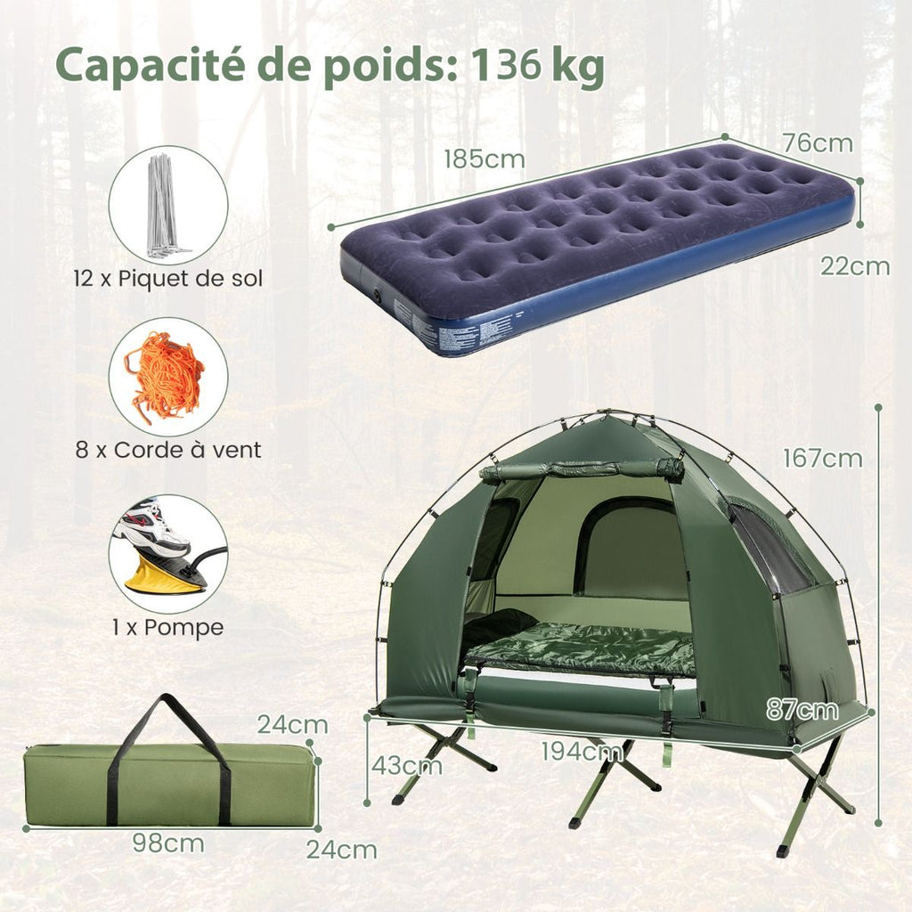 Tente de Camping avec Lit pour 1 Personne Lit de Camping Pliant 5 en 1 avec Matelas Pneumatique Oreiller Sac de Couchage Tente Surleve tanche -