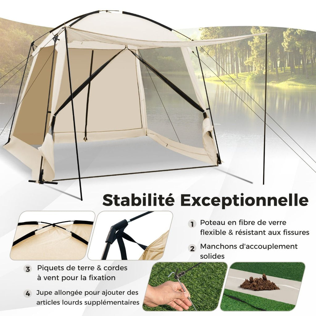 Tente de Camping pour 8-10 Personnes Tente Dôme avec Vestibule et Moustiquaire Porte Zippée Tente Portable avec Sac de Transport 300x300x250cm Beige -
