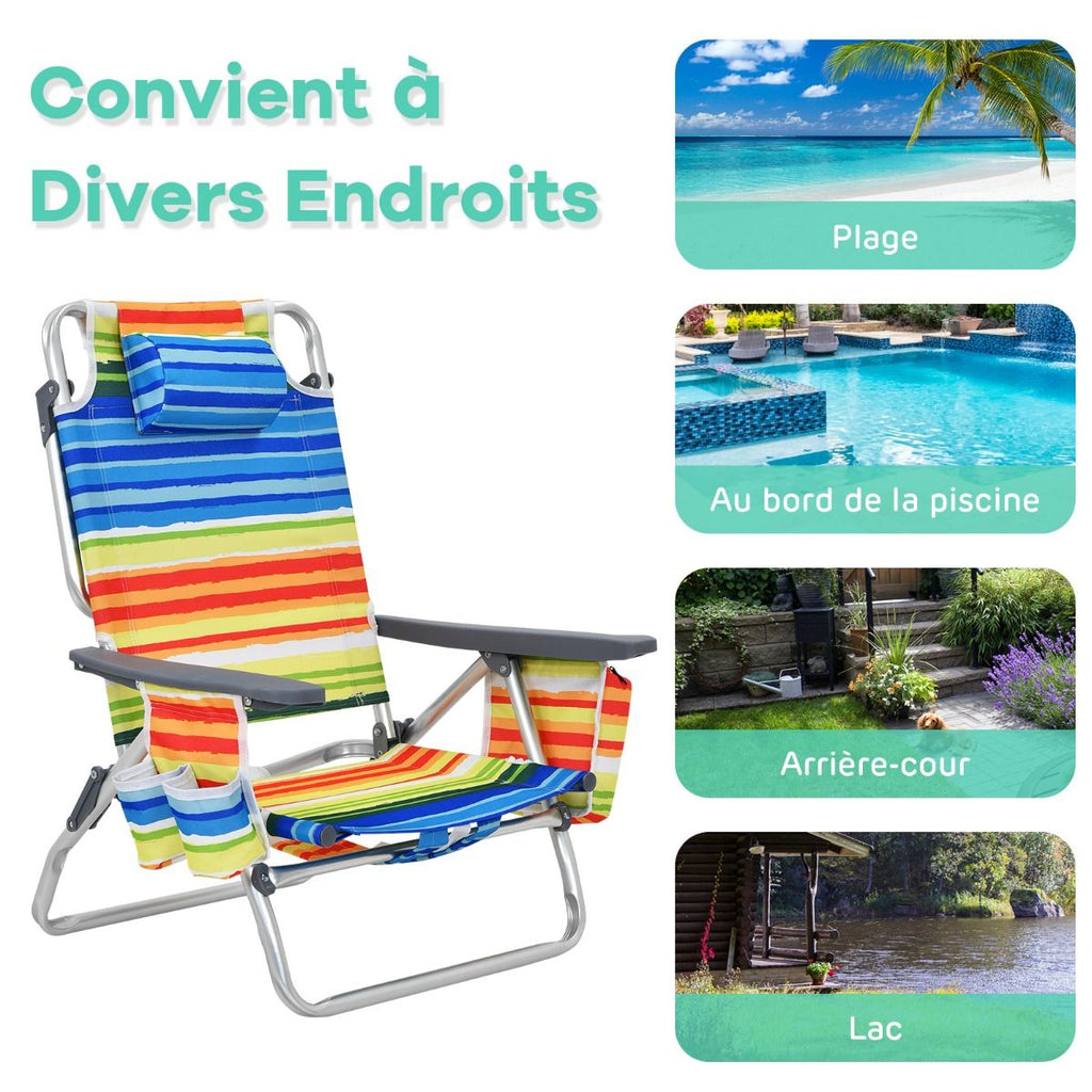 Lot de 2 Chaises de Camping Plage Pliante Table Enroulable en Aluminium Appui-tête Dossier Réglable à 5 Positions 6 Couleurs au Choix -