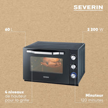 Load image into Gallery viewer, SEVERIN Four posable XXL à Chaleur Tournante 60 L avec pierre à pizza et tournebroche 2 200 W design simple et élégant, Four électrique avec minuteur 120 min, Noir/Inox, TO 2073