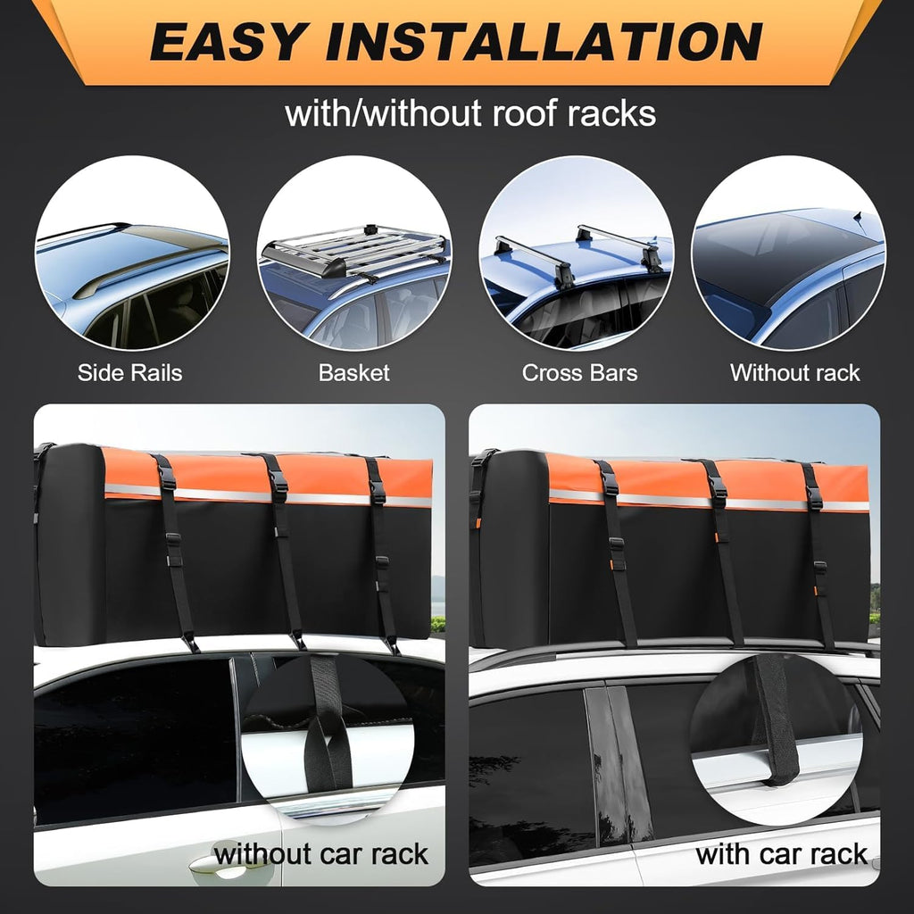 Sailnovo Coffre de Toit Souple de 0,6 m³ avec Tapis antidérapant + 6 Crochets de Porte, Sac de Toit imperméable en PVC pour Voiture avec/sans Porte-Bagages, Noir