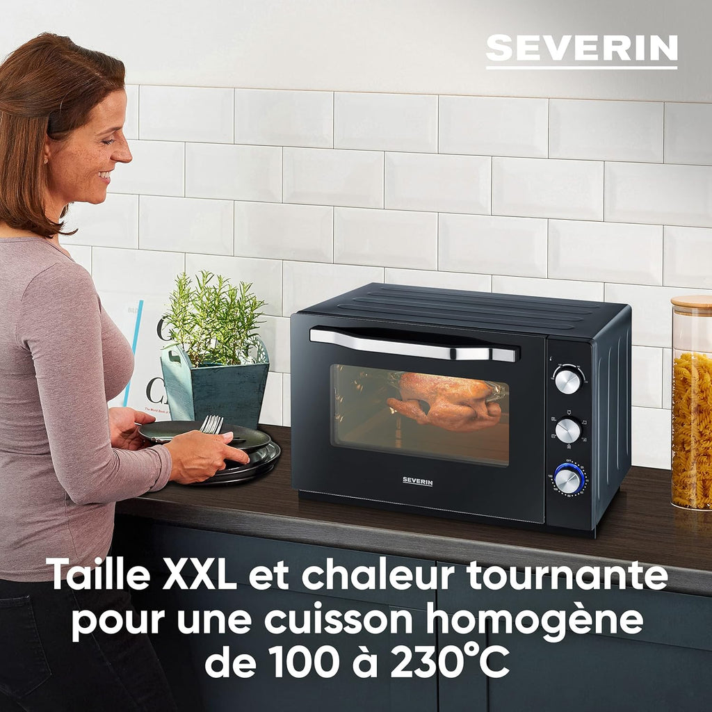SEVERIN Four posable XXL à Chaleur Tournante 60 L avec pierre à pizza et tournebroche 2 200 W design simple et élégant, Four électrique avec minuteur 120 min, Noir/Inox, TO 2073