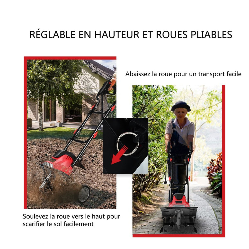Motobineuse Motoculteur Électrique 1200W Profondeur Travail 22CM Largeur 35CM avec Poignée Pliable Roues Réglables 4 Lames -