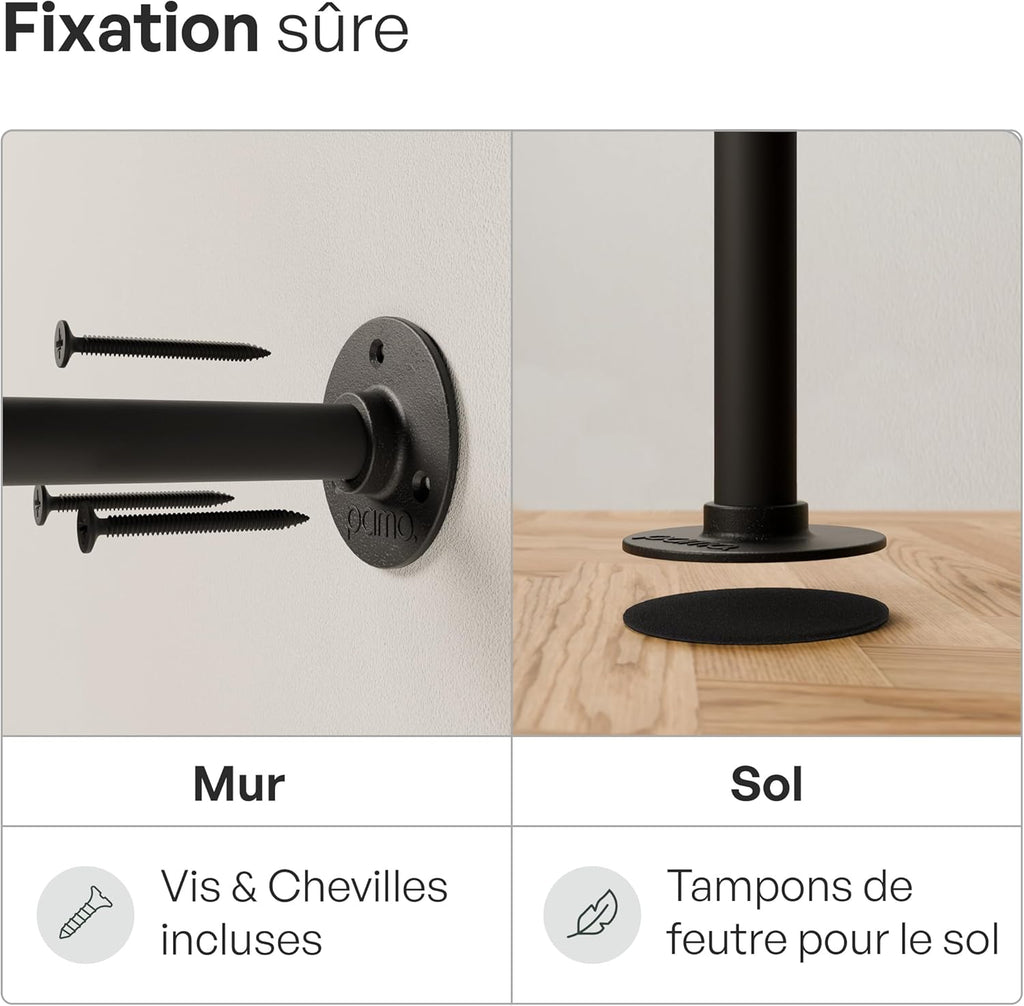 pamo penderie murale - capacité de charge 400 kg - penderie ouverte ou porte-manteau en métal noir industriel fabriqué à partir des tuyaux d’eau