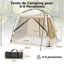 Load image into Gallery viewer, Tente de Camping pour 8-10 Personnes Tente D么me avec Vestibule et Moustiquaire Porte Zippe Tente Portable avec Sac de Transport 300x300x250cm Beige -