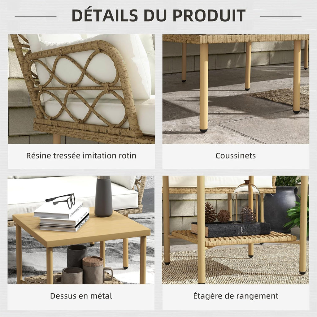 Outsunny Salon de Jardin Exterieur 4 Personnes 3 pièces avec 1 Table Basse Coussins Grand Confort Inclus résine tressée crème
