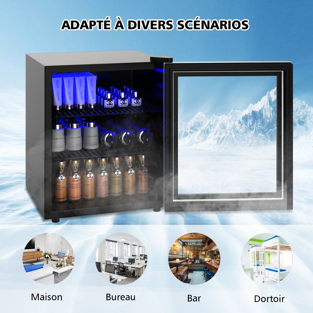 Réfrigérateur et Refroidisseur de Boissons 60 Canettes Mini Frigo avec Porte en Verre & Étagères Amovibles Ajustables (60 Canettes) Noir -